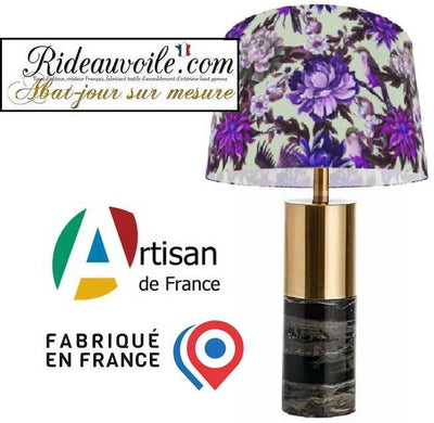 Création d'abat-jour Haute-Couture - Abat-Jouriste d'Art tissu motif oiseaux Fleurs