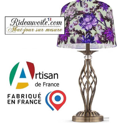 Création d'abat-jour Haute-Couture - Abat-Jouriste d'Art tissu motif oiseaux Fleurs