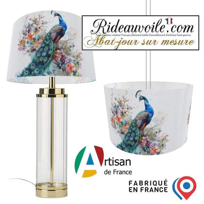 Confection atelier abat-jour sur mesure tissu imprimé feuilles Fleurs oiseaux paons