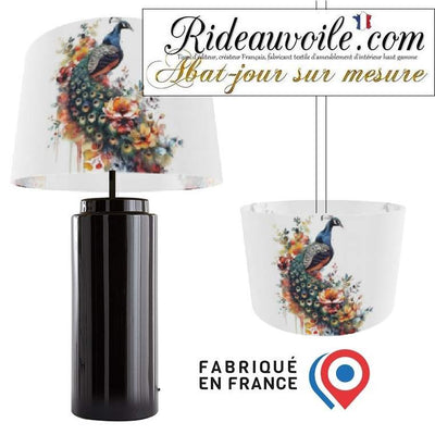 Confection luminaire abat-jour sur mesure tissu imprimé feuilles Fleurs oiseaux paons
