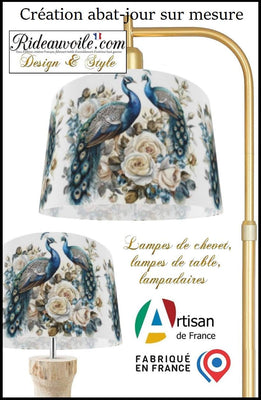 Confection atelier abat-jour sur mesure tissu imprimé feuilles Fleurs oiseaux paons