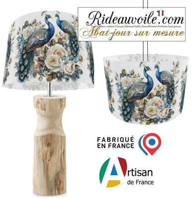 Confection atelier abat-jour sur mesure tissu imprimé feuilles Fleurs oiseaux paons