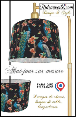 Fabrication d'abat-jour sur mesure tissu imprimé oiseaux paon coloré fond noir