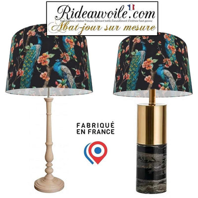 Fabrication d'abat-jour sur mesure tissu imprimé oiseaux paon coloré fond noir