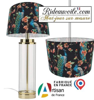 Fabrication d'abat-jour sur mesure tissu imprimé oiseaux paon coloré fond noir