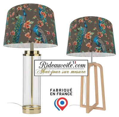 Luminaire boutique abat-jour sur mesure tissu taupe motif feuilles Fleurs paons bleu