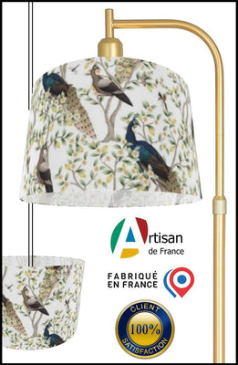 Fabrication abat-jour sur mesure tissu imprimé feuilles oiseaux paons création luminaire