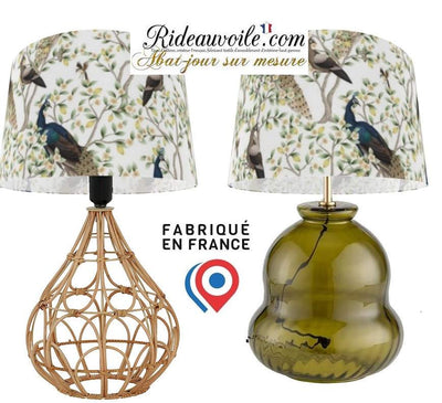 Fabrication abat-jour sur mesure tissu imprimé feuilles oiseaux paons création luminaire