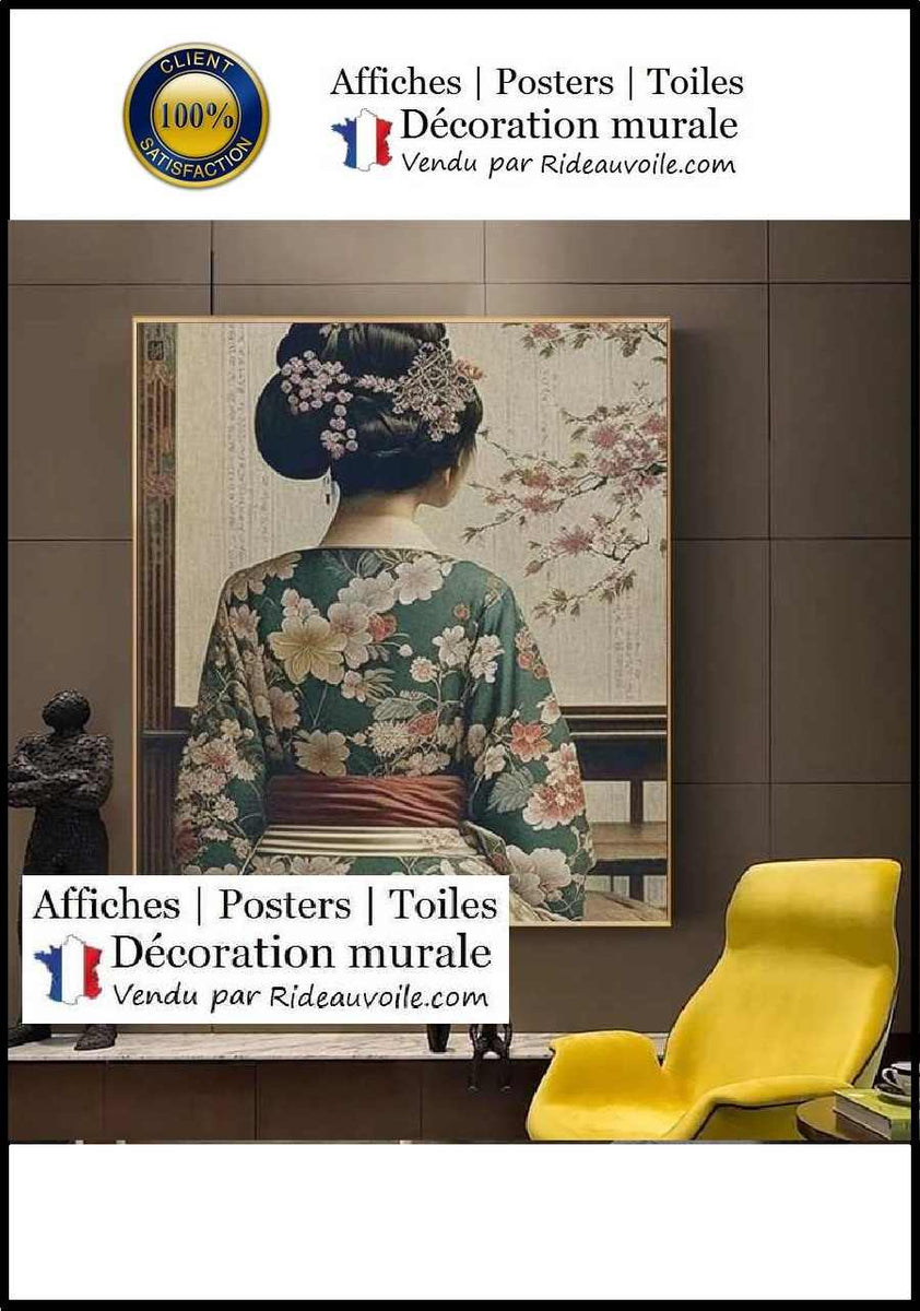 Tableau Toile Décoratif - Geisha Japonaise Colorée - 45x30 Cm - Impression UV, Cadre 2 Cm - Pour Salon/Chambre