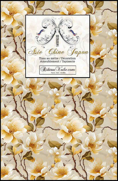 Outre les fleurs de cerisier, les magnolias et les chrysanthèmes fleurissent aussi sur les textiles &amp; les papiers peints populaires à motifs asiatiques. Tissu ethnique imprimé floral