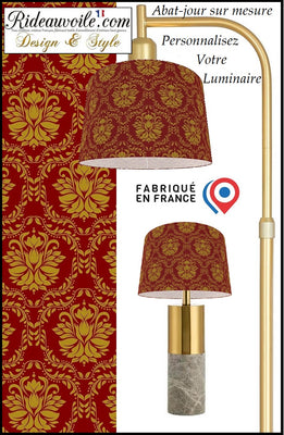 Création Abat-jour à poser, Suspension tissu rouge or motif fleur floral luminaire France