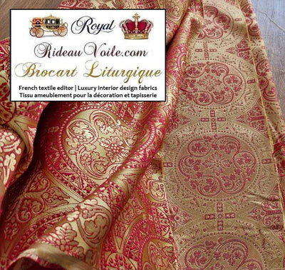 Tissu liturgique ameublement Brocart Jaune Rouge OR mètre ornement motif Croix