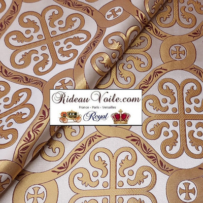 Tissu ameublement doré blanc Brocart Jacquard Baroque motif religieux mètre Damasco liturgique vêtement style religieux Médiéval artisanat ornements Empire. Textile décoration et habillement architecture intérieur rideau, tapisserie.