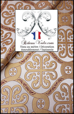 Tissu ameublement doré blanc Brocart Jacquard Baroque motif religieux mètre Damasco liturgique vêtement style religieux Médiéval artisanat ornements Empire. Textile décoration et habillement architecture intérieur rideau, tapisserie.