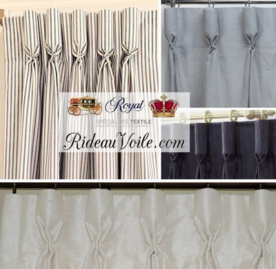 Finition à crochets ruflettes avec une style gobelet soufflé pour le haut de rideau. Comment acheter rideaux plis flamand ruban fronceur avec tissu ameublement, velours, coton, lin, occultant, ignifugé. Confection haut gamme boutique en ligne décoration architecte décoratrice intérieur France.