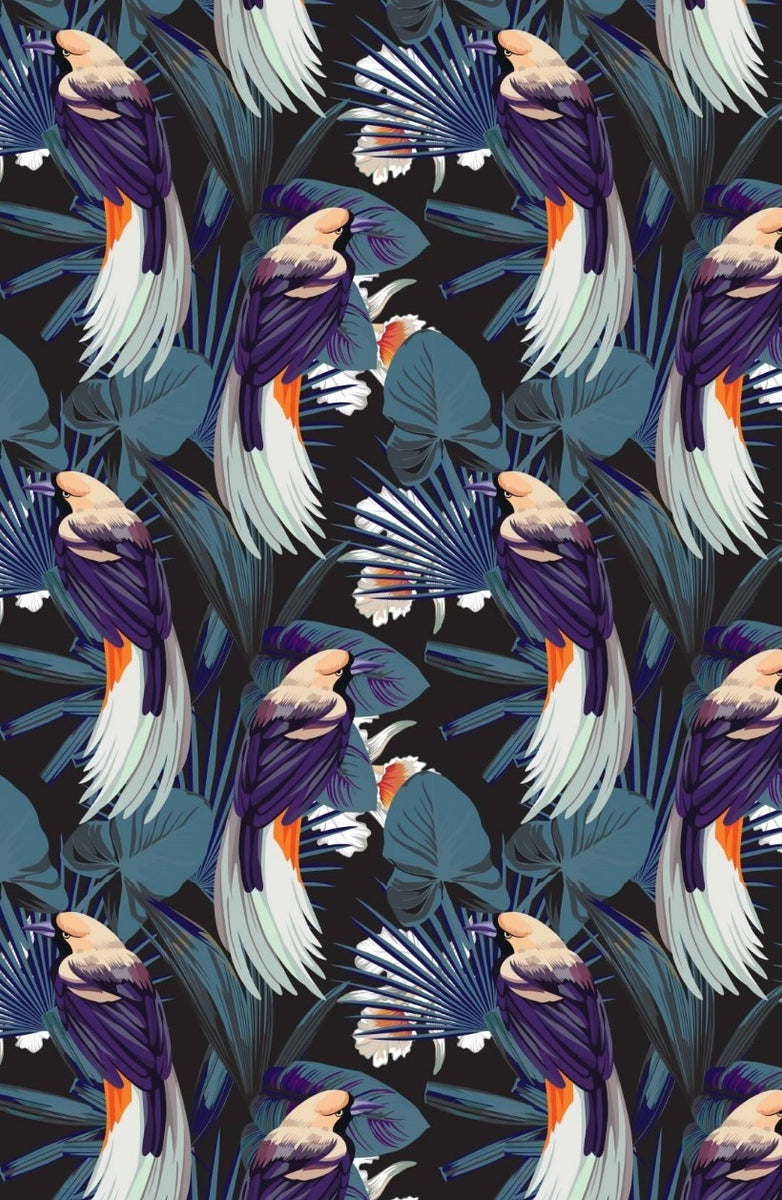 Tissu ameublement mètre Exotique oiseaux plantes fleurs Tropicales Jungle  bleu nuit