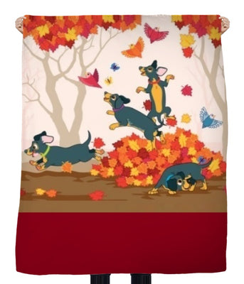 Motif tissu chien animal chiot jeux feuilles automne rideau couette coussin rouge