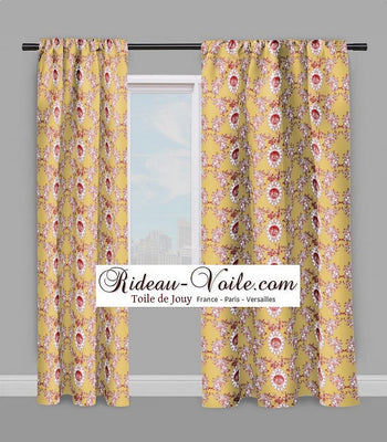 Toile de Jouy tissu jaune au mètre motif Anges fleur de lys rouge rideau