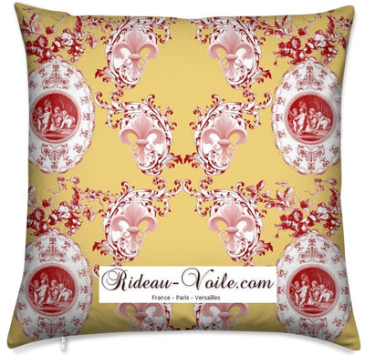 Toile de Jouy tissu jaune au mètre motif Anges fleur de lys rouge coussin