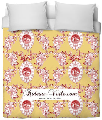 Toile de Jouy tissu jaune au mètre motif Anges fleur de lys rouge couette