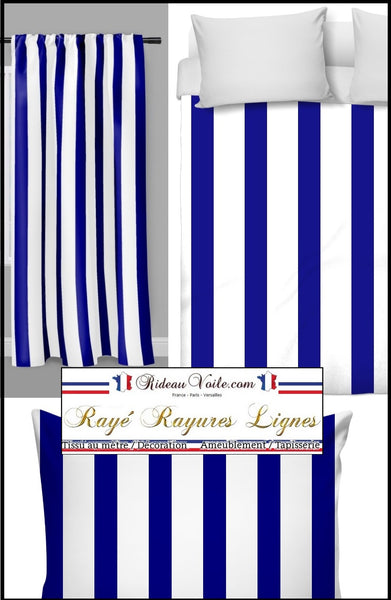 Tissu motif rayés bleu rayures ligne blanc au mètre rideau couette voilage