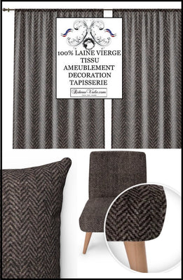 Tissu chalet montagne jacquard tweed ameublement Laine recyclée beige noir gris motif Chevron au mètre confection sur mesure Rideau, siège, canapé pour décoration d'intérieur architectural design wool herringbone