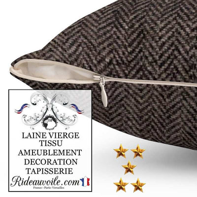 Tissu chalet montagne jacquard tweed ameublement Laine recyclée beige noir gris motif Chevron au mètre confection sur mesure Rideau, siège, canapé pour décoration d'intérieur architectural design wool herringbone