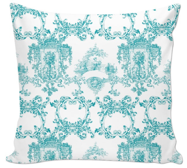 Tissu Toile De Jouy Imprimé Aqua Bleu - Coton, France, Neuf Pour Rideaux Déco