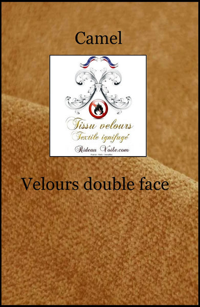 Boutique architecte d'intérieur Paris Society décoration aménagement Textile éditeur tissu camel beige Velours double face. Polyester Ignifugé M1 mètre. Rideau sur mesure projet rénovation ameublement décoratrice.
