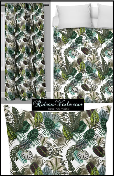 Tissu exotique tropical fleuri feuille au mètre rideau siège gris vert bleu