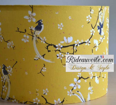 Luminaire déco intérieur sur mesure Abat-jour tissu coton fleur de cerisier jaune et oiseau