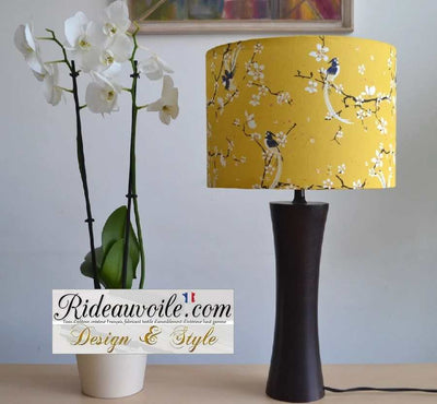 Luminaire déco intérieur sur mesure Abat-jour tissu coton fleur de cerisier jaune et oiseau