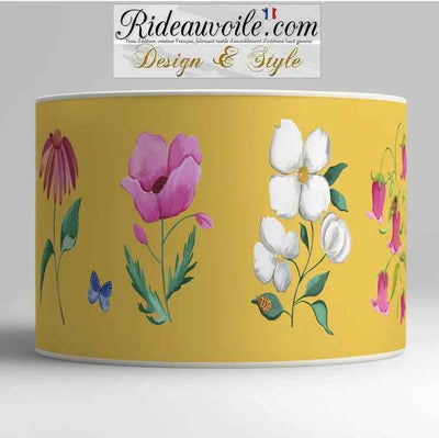 Luminaire à poser Abat-jour papier jaune imprimé fleurs papillons décoration