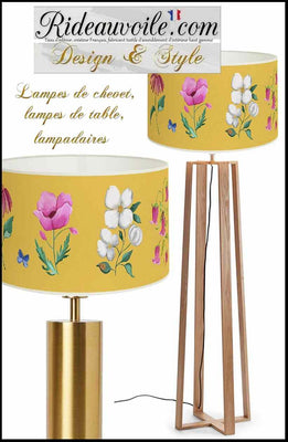 Luminaire à poser Abat-jour papier jaune imprimé fleurs papillons décoration