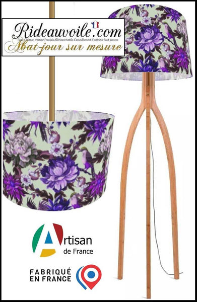 Création d'abat-jour Haute-Couture - Abat-Jouriste d'Art tissu motif oiseaux Fleurs