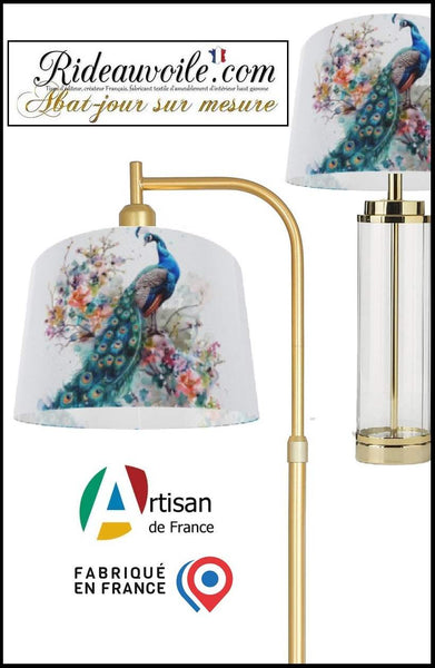 Confection atelier abat-jour sur mesure tissu imprimé feuilles Fleurs oiseaux paons
