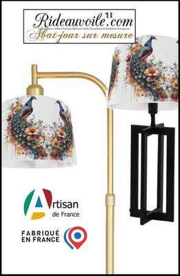 Création Abat-jour haute gamme sur mesure tissu imprimé bouquet Fleurs oiseaux paons