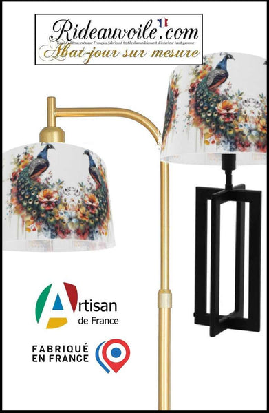 Création Abat-jour haute gamme sur mesure tissu imprimé bouquet Fleurs oiseaux paons