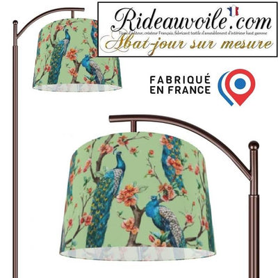 Architecte designer abat-jour sur mesure tissu vert motif feuilles Fleurs oiseaux paons