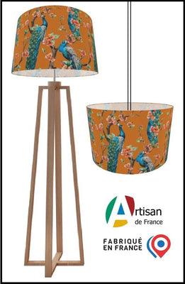 Architecte designer abat-jour sur mesure tissu orange motif feuilles Fleurs paons bleu