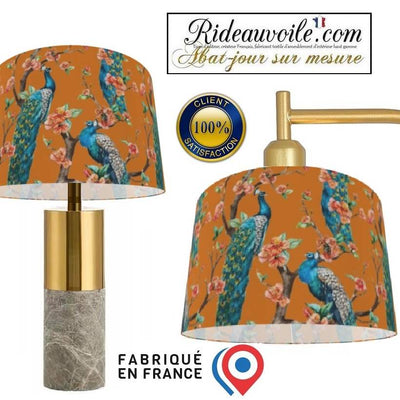 Architecte designer abat-jour sur mesure tissu orange motif feuilles Fleurs paons bleu