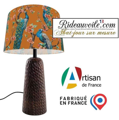 Architecte designer abat-jour sur mesure tissu orange motif feuilles Fleurs paons bleu