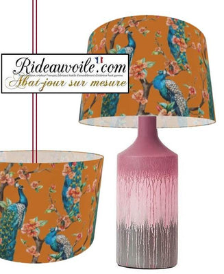 Architecte designer abat-jour sur mesure tissu orange motif feuilles Fleurs paons bleu