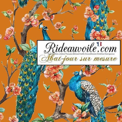 Architecte designer abat-jour sur mesure tissu orange motif feuilles Fleurs paons bleu