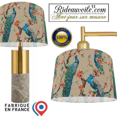 Luminaire designer abat-jour sur mesure tissu beige motif feuilles Fleurs paons bleu