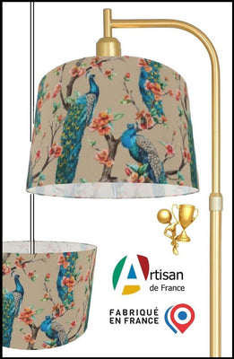 Luminaire designer abat-jour sur mesure tissu beige motif feuilles Fleurs paons bleu