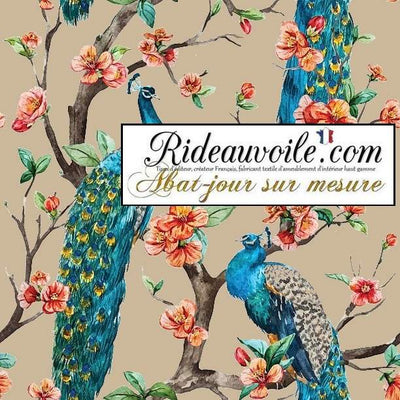 Luminaire designer abat-jour sur mesure tissu beige motif feuilles Fleurs paons bleu
