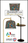 Luminaire boutique abat-jour sur mesure tissu taupe motif feuilles Fleurs paons bleu