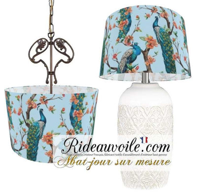 Tissu d'intérieur imprimé motif feuilles Fleurs paons bleu boutique abat-jour sur mesure
