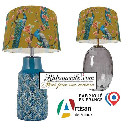 Luminaire spécialiste intérieur luxe abat-jour sur mesure tissu motif feuilles Fleurs paons